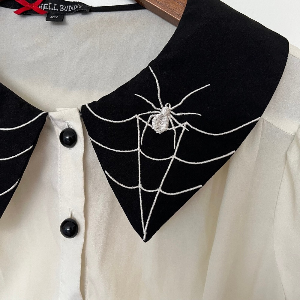 Hell Bunny White Spider Web Embroidered Collar Button Down Blouse XS Black Goth - Picture 3 of 7